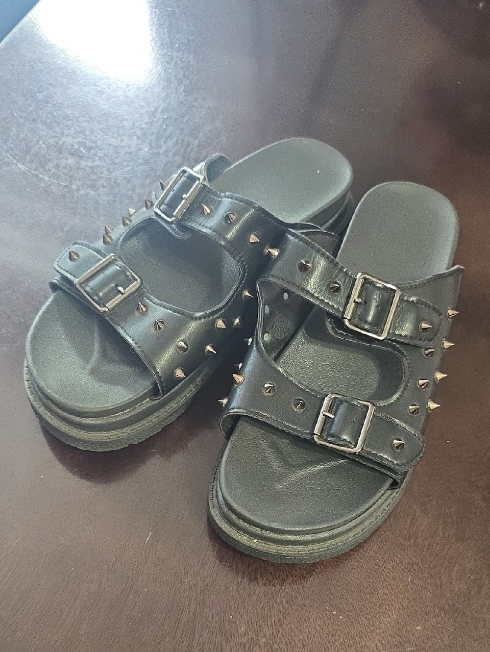 Women’s Black Studded Double-Buckle Slide Sandals